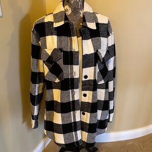 Long Black and White Plaid Button-Up Shirt Jacket
